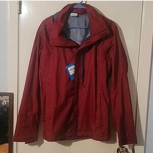 Red Columbia rain jacket with hood and pockets. NWT. Size Small #rainwear #outdo